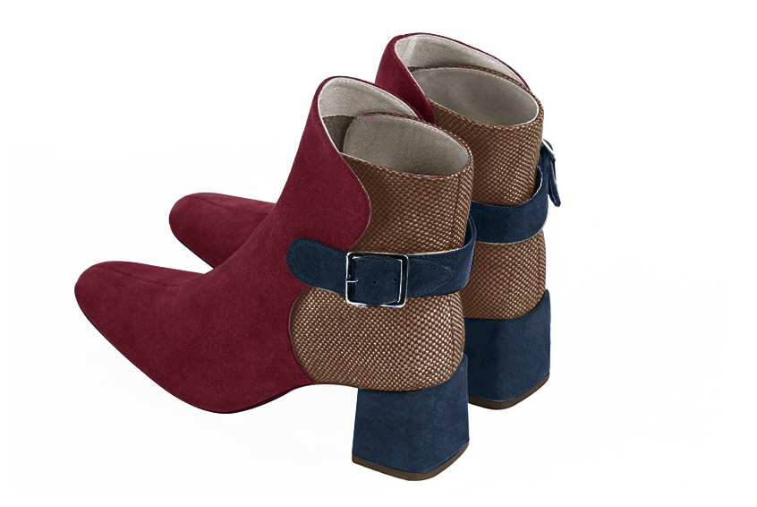 Burgundy red, caramel brown and navy blue women's ankle boots with buckles at the back. Square toe. Medium block heels. Rear view - Florence KOOIJMAN